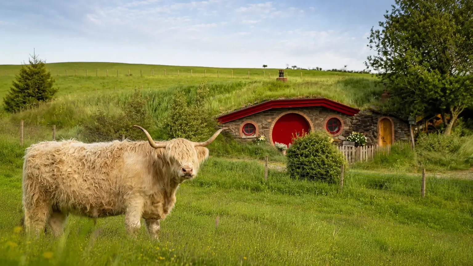 Highland cow beside a Hobbit-inspired glamping howf at Craighead Howfs in Perthshire, Scotland