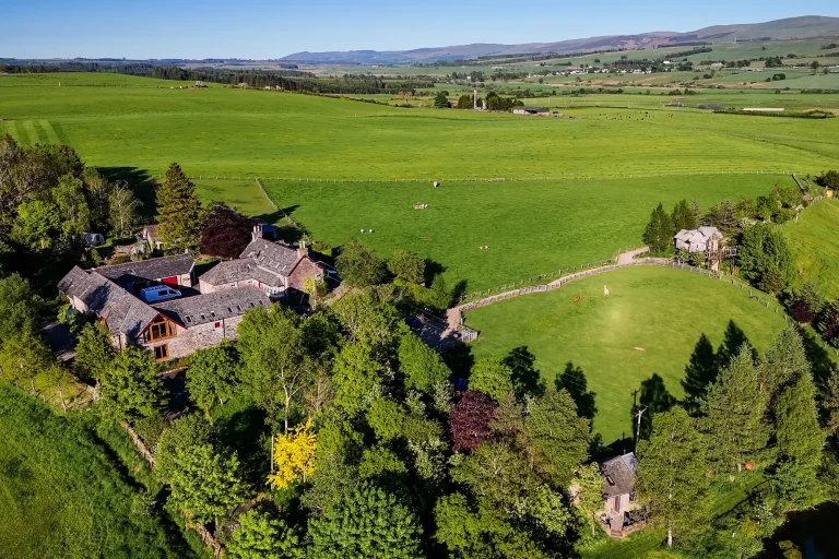 Aerial view of Craighead Howfs glamping accommodation and holiday cottage in the Perthshire countryside