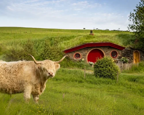 Highland cow beside a Hobbit-inspired glamping howf at Craighead Howfs in Perthshire, Scotland