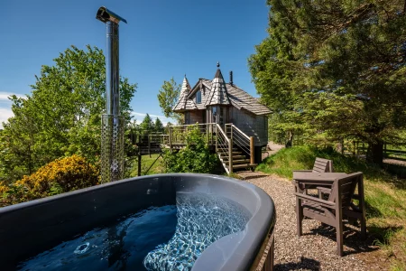 Ash Tree Howf with wood-fired hot tub at Craighead Howfs in Perthshire, Scotland